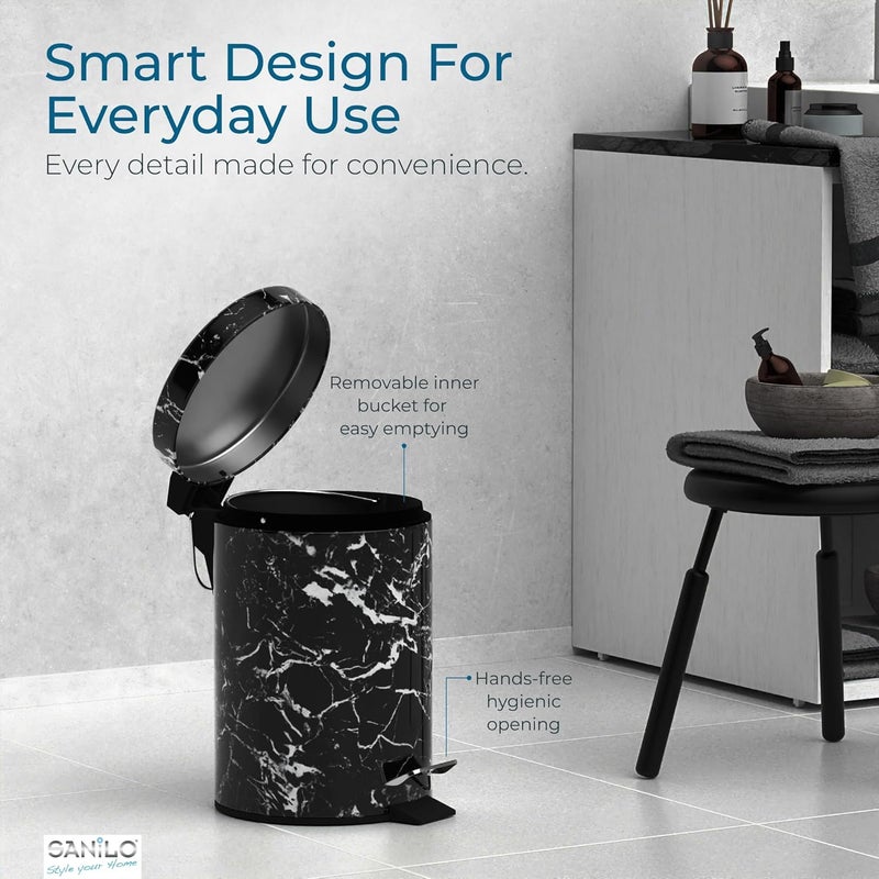 Sanilo Small Bathroom Trash Can with Lid [1.3 Gallon] - Lidded Tiny Trashcan for Garbage - Mini Metal Bin with Soft Closing Mechanism - Bath Room Accessoire Wastebin with Inner Bucket (Marble Black) - Image 4